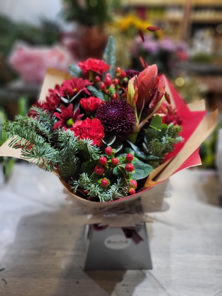 Customised Christmas box with Amaryllis and winter foliages by florist delivering in Bromley, Beckenham, Croydon, Orpington, Petts Wood , Chislehurst, Bickley, Biggin Hill, Chislehurst, South Norwood 