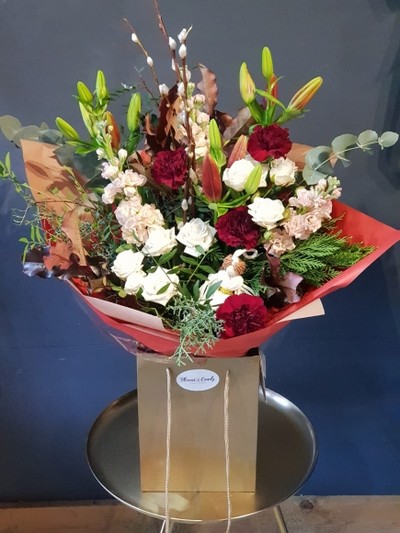 Elegant and sophisticated bouquet of Stocks, spray roses, gypsophililum, lilies, pussy willow, eucalyptus and carnations. Arranged by local florist in Bromley, Kent.