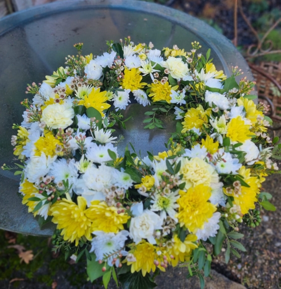 Shaggy funeral wreath made by florist in Hayes, Bromley