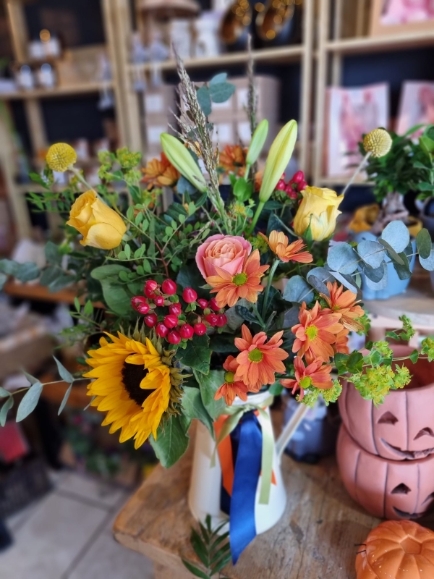 autumn fresh flowers arrangement in metal jug with sunflowers made by florist near me in Bromley for same day flower delivery in BR1 BR2 BR3 BR4 BR5 BR6 BR7 BR8 CR07 CR09 TN16 SE6 SE12 