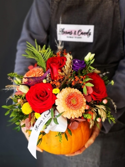 Florist pumpkin arrangement made with fresh flowers and foliages by florist in Bromley, Kent, UK for delivery in South London and BR postcodes