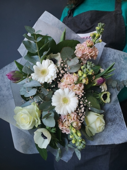 Delicate and elegant bouquet to include scented stock and white anemones together with gypsophililum, tulips and eucalyptus foliage. Handmade by local florist in Hayes, Bromley BR