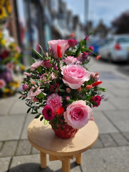 Raspberry pot arrangement made of fresh flowers by florist from Hayes in Bromley for same and next day delivery in Bromley, Beckenham, Orpington, Chislehurst, Petts wood, Croydon, South Norwood, Biggin Hill